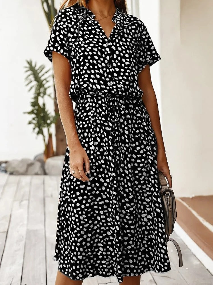 Ulvienne Robe d’Été Femme – Robe Midi à Manches Courtes avec Ceinture à la Taille & Imprimé Tendance