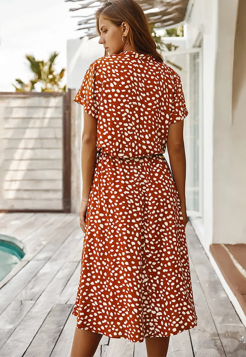 Vestido de verano para mujeres Ulvene: vestido midi con mangas cortas con cintura y cinturón de estampado de moda