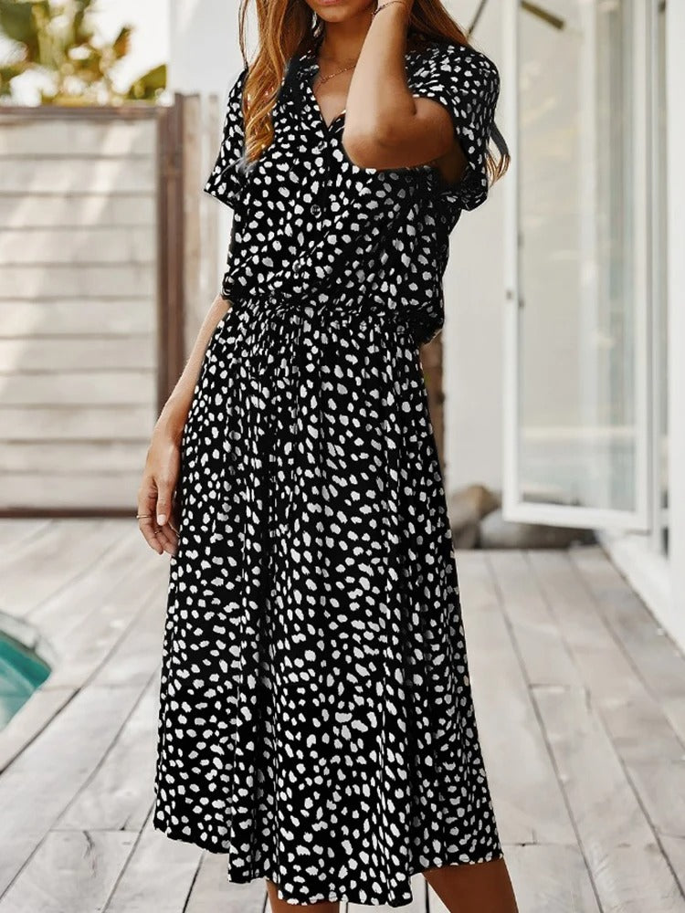 Ulvienne Robe d’Été Femme – Robe Midi à Manches Courtes avec Ceinture à la Taille & Imprimé Tendance