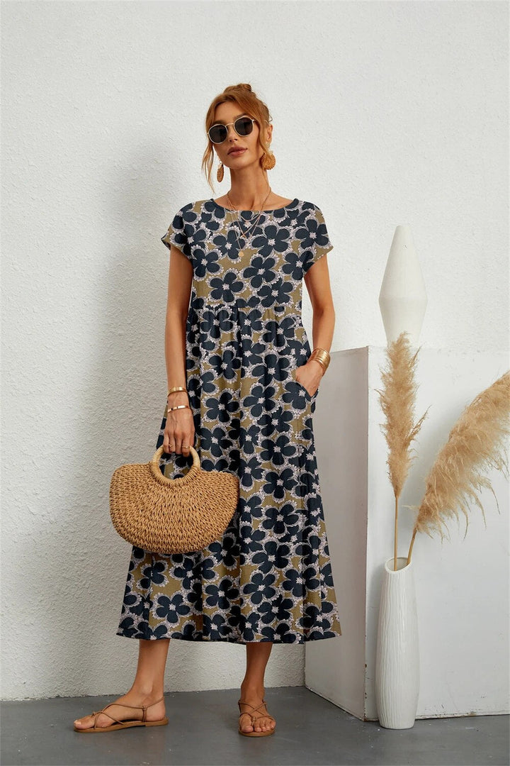Abito da donna Henrielle Midi - Elegante stampa di fiori, maniche corte e taglio confortevole