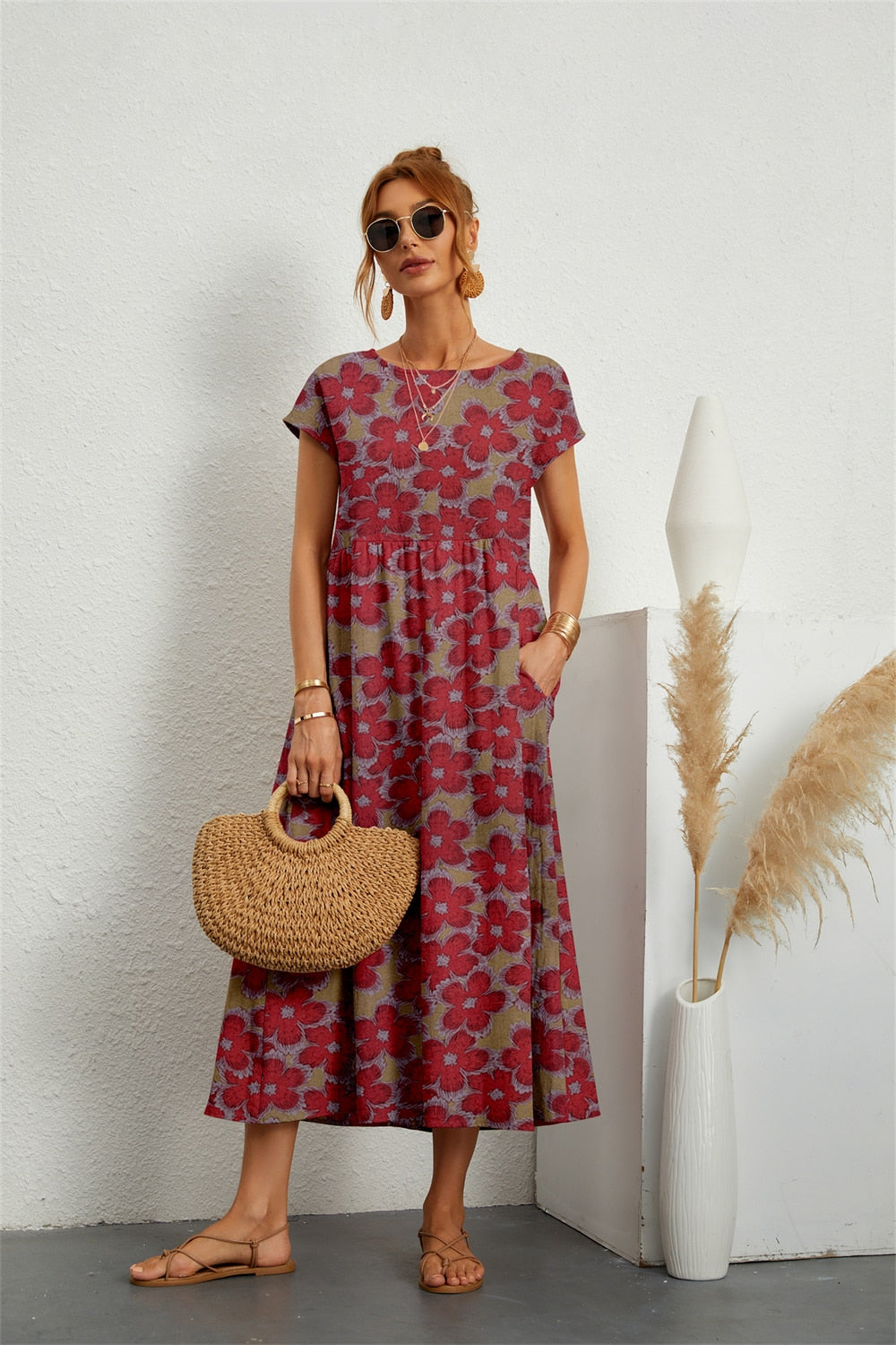 Vestido para mujeres Henrielle Midi: elegante estampado de flores, mangas cortas y corte cómodo