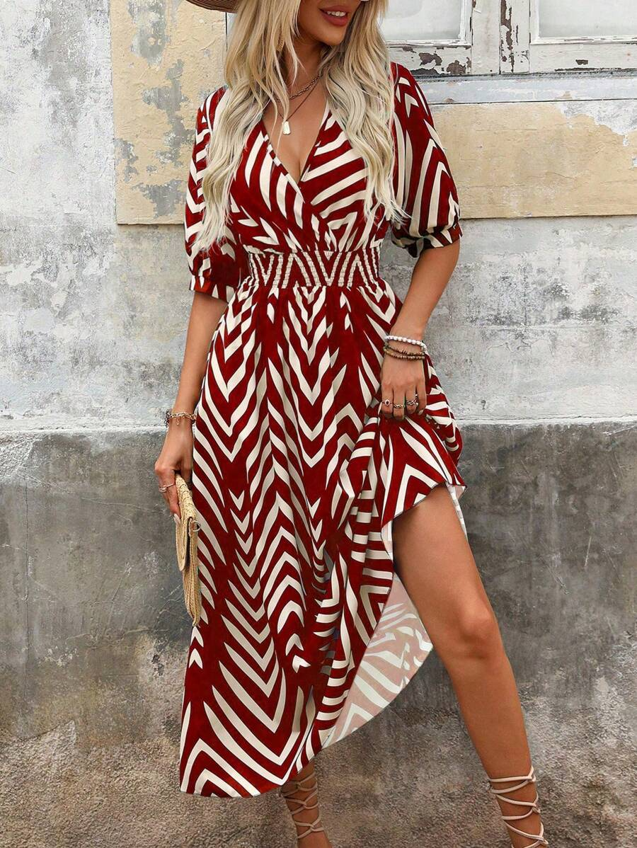 Vestido largo Charlie para mujer: con cinturón, estampado gráfico elegante y corte moderno