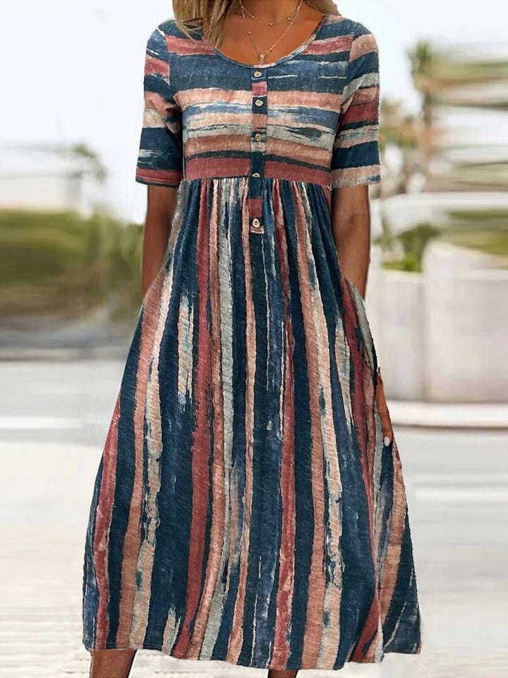 Claudia Robe Midi Femme – Rayée, Col Rond & Manches Courtes Décontractées