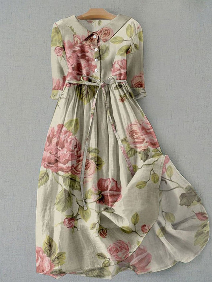 Leah Robe d'Été Femme – Imprimé Floral Botanique Vintage & Col Revers, Coupe Décontractée