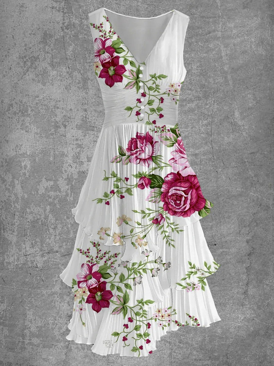 Jaica Robe d’Été Rétro Femme – Robe Midi Sans Manches avec Encolure en V & Imprimé Fleuri