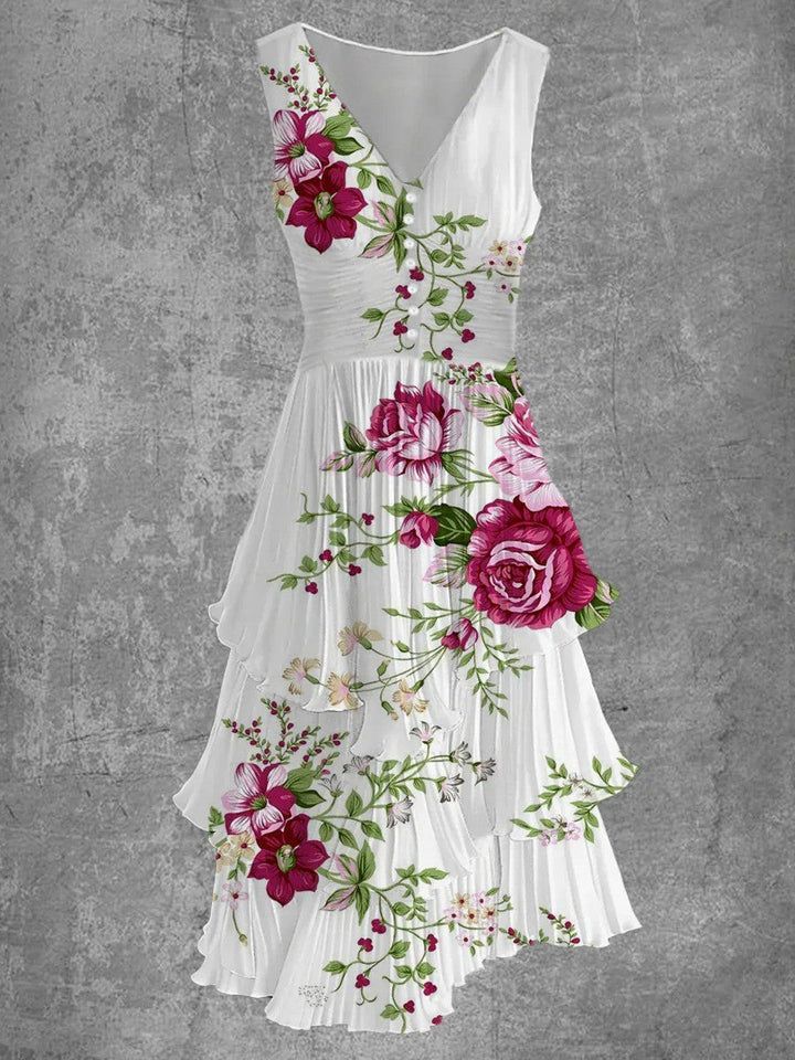 Jaica Robe d’Été Rétro Femme – Robe Midi Sans Manches avec Encolure en V & Imprimé Fleuri