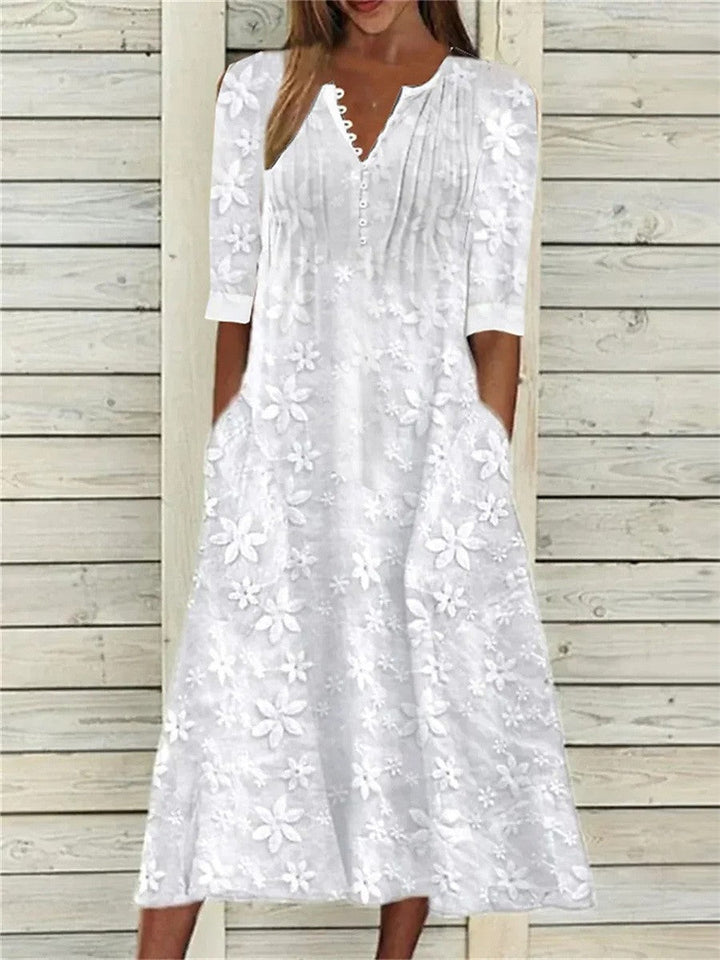 Miya Robe Maxi Femme – Imprimé Fleuri Élégant en Coton, Col en V & Poches