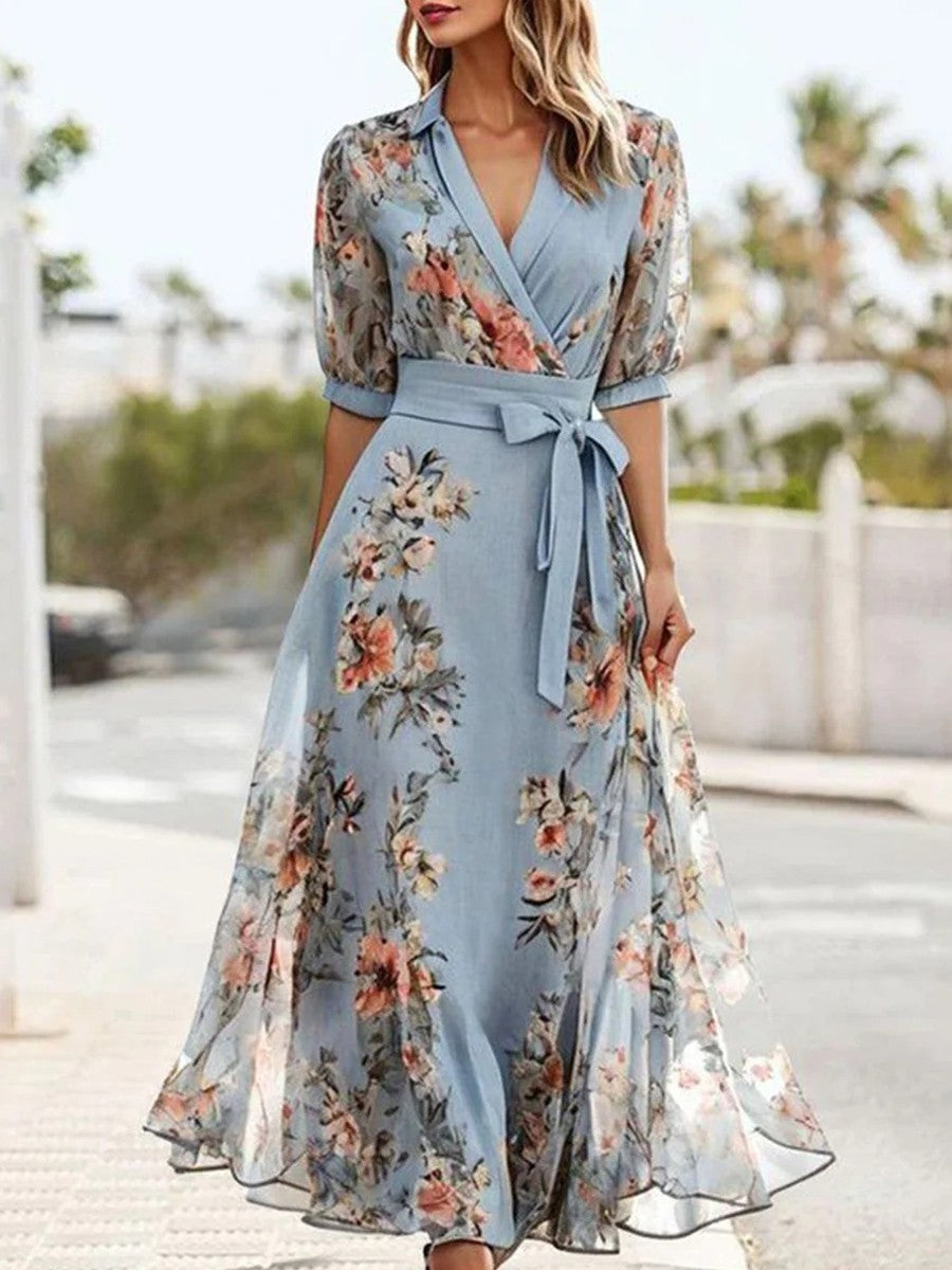 Leona Robe Midi Femme – Col en V Bleu, Manches Courtes & Coupe Décontractée