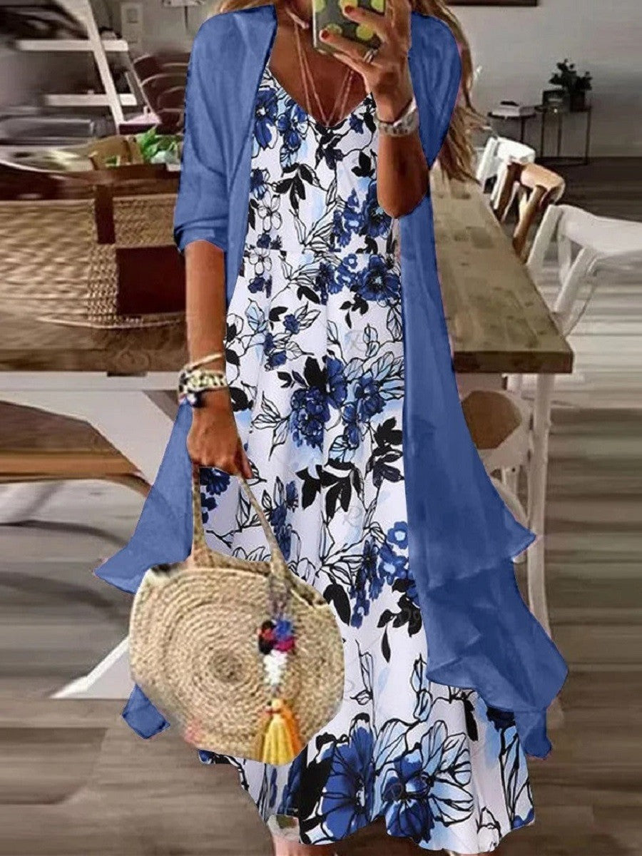 Belle Robe d’Été Deux-Pièces Femme – Ensemble Bleu avec Encolure en V & Imprimé Fleuri