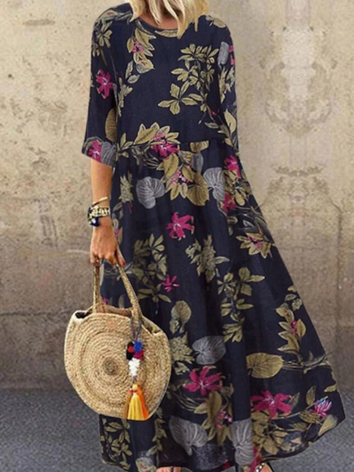 Luna Robe Midi Femme – Imprimé Fleuri Bleu Marine, Col Rond & Manches Mi-Longues