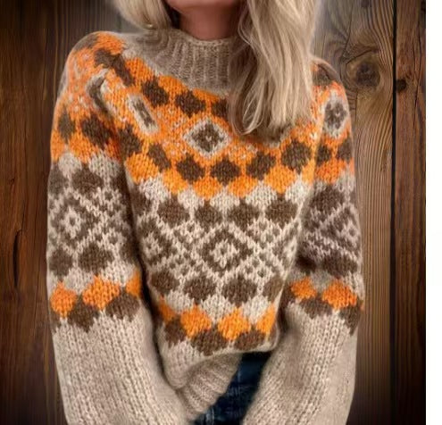 Astrid Pull Col Roulé Femme Motif Norvégien – Maille Épaisse & Confort Hivernal