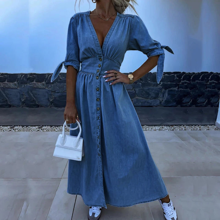 Abito di jean da donna di Jane - abito lungo in jeans con bottoni e look da donna casual