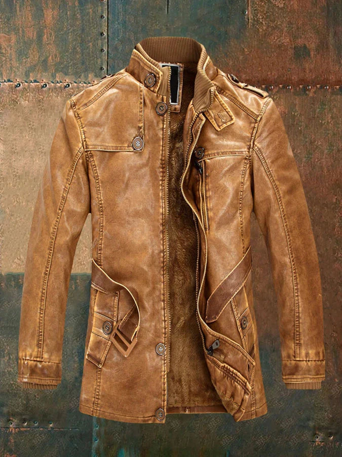 Chaqueta de cuero vintage Shon para hombre: estilo retro con forro cálido y botones clásicos.