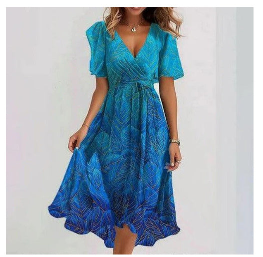Vestido del mediodía de Emily Women - Vestido de tela ligera con estampado floral, V y escote de la cintura curva