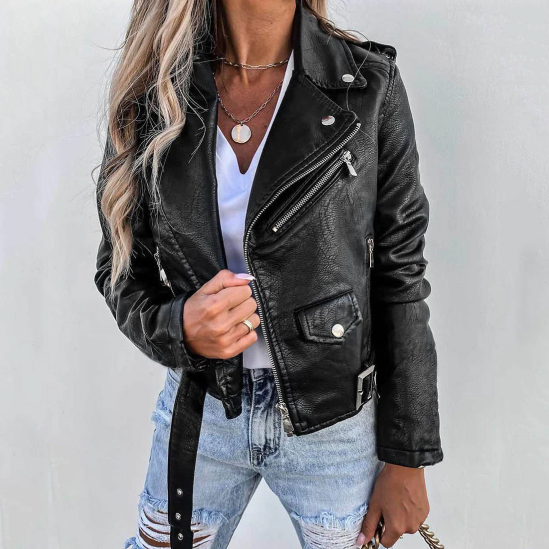 Eva Veste en Cuir Femme – Cuir de Luxe avec Col Montant, Ceinture & Design Élégant