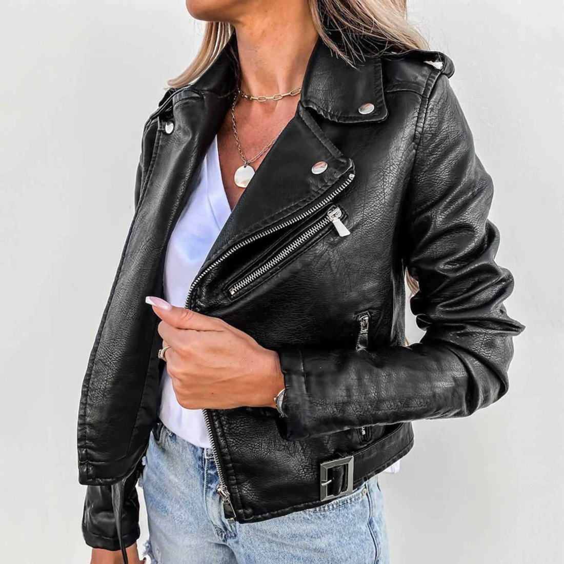 Eva Veste en Cuir Femme – Cuir de Luxe avec Col Montant, Ceinture & Design Élégant
