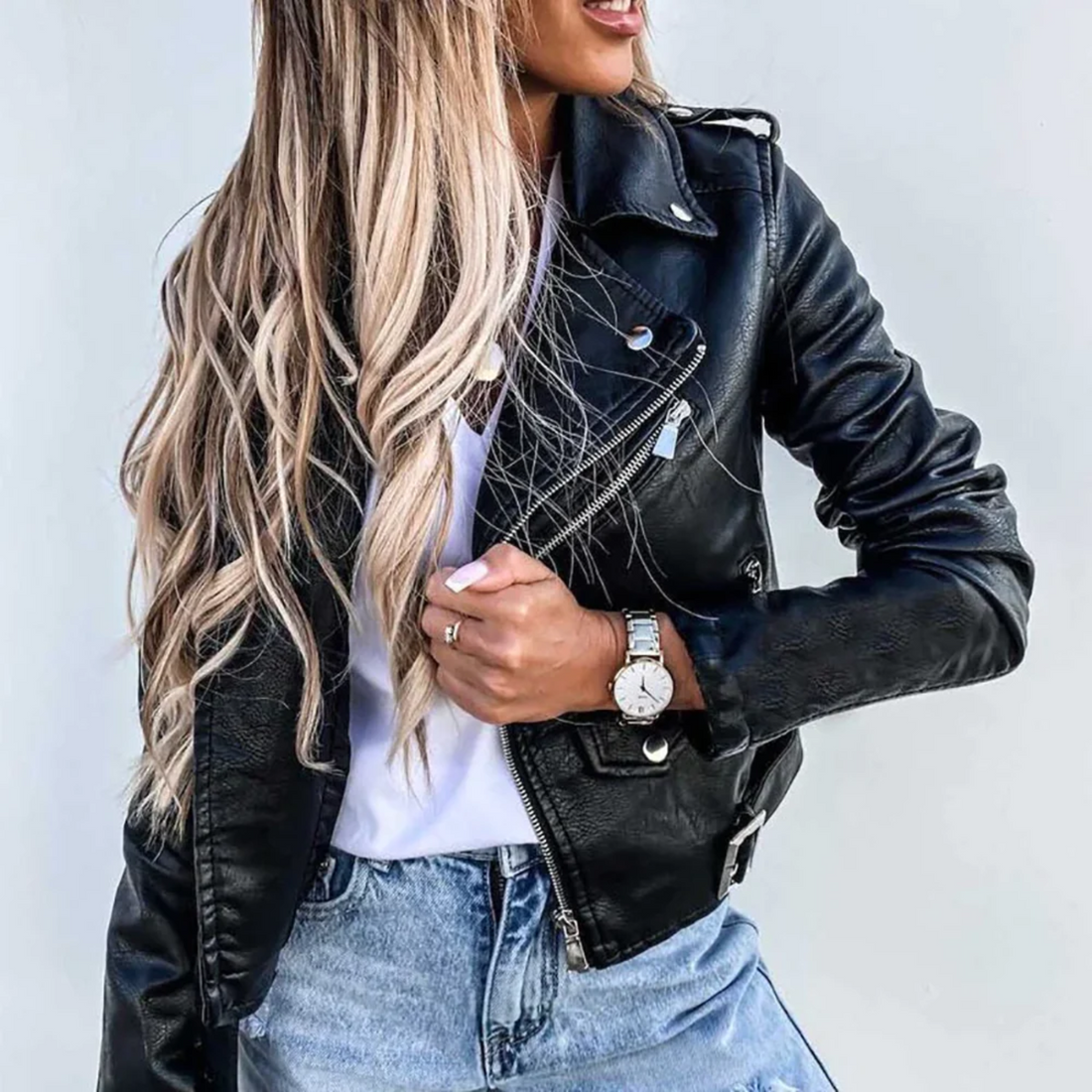 Eva Veste en Cuir Femme – Cuir de Luxe avec Col Montant, Ceinture & Design Élégant