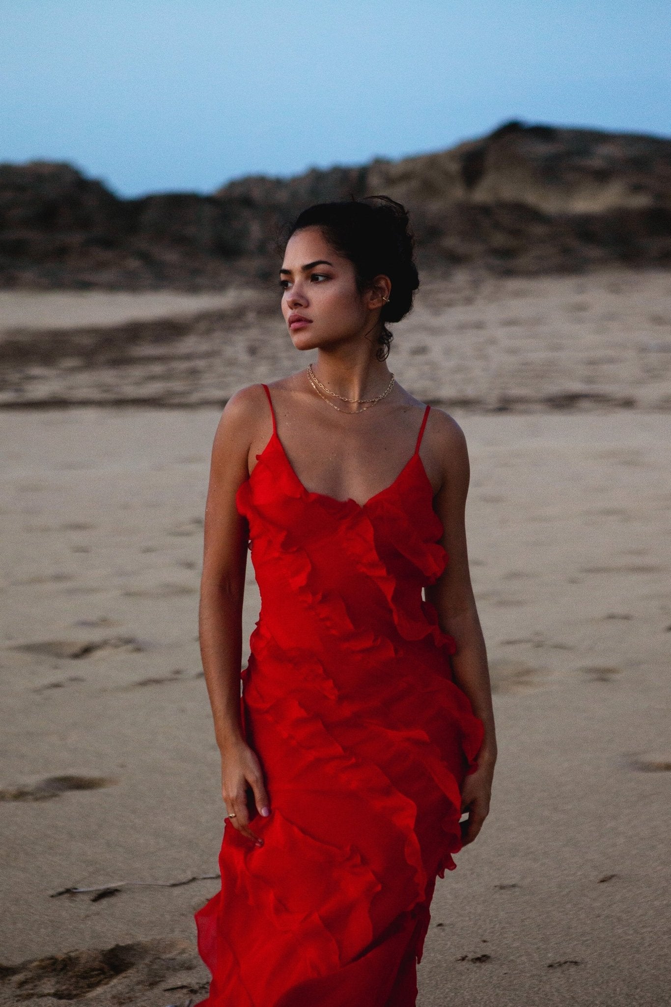 Vestido para mujeres máximo de Angelina: vestido rojo con volantes, sensuales y glamour