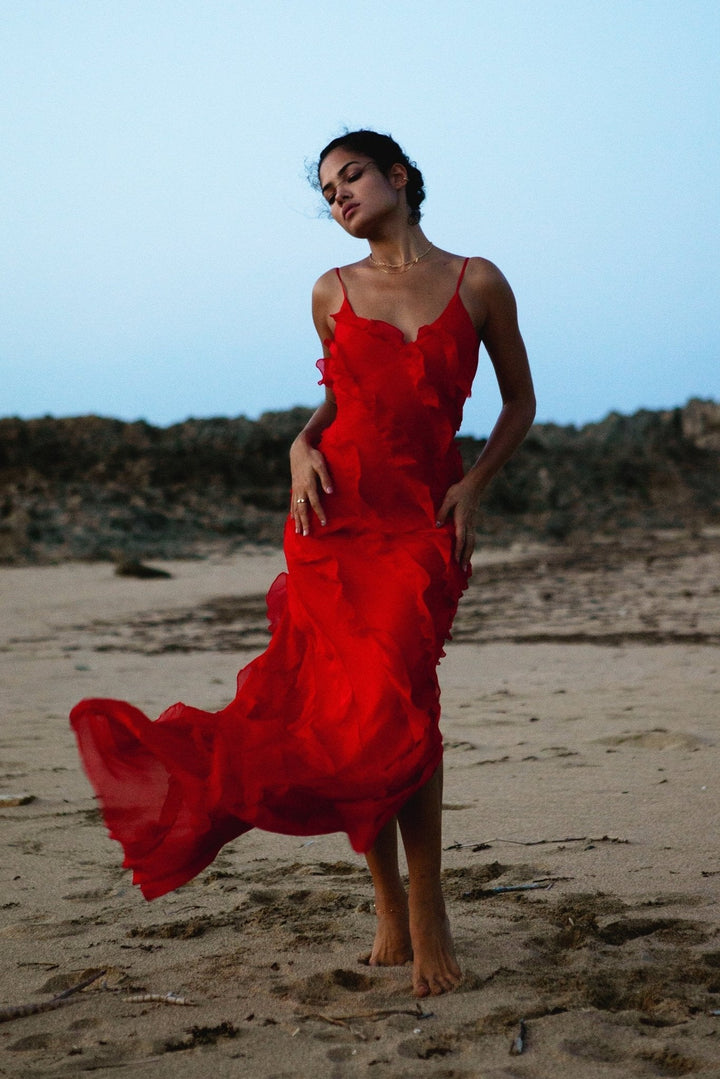Angelina Robe Maxi Femme – Robe Rouge à Volants, Sensuelle & Glamour