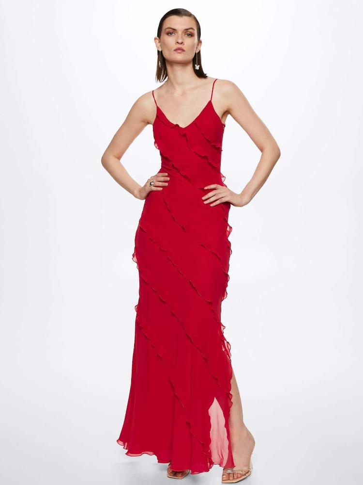 Vestido para mujeres máximo de Angelina: vestido rojo con volantes, sensuales y glamour