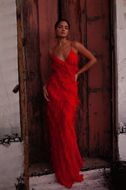 Vestido para mujeres máximo de Angelina: vestido rojo con volantes, sensuales y glamour