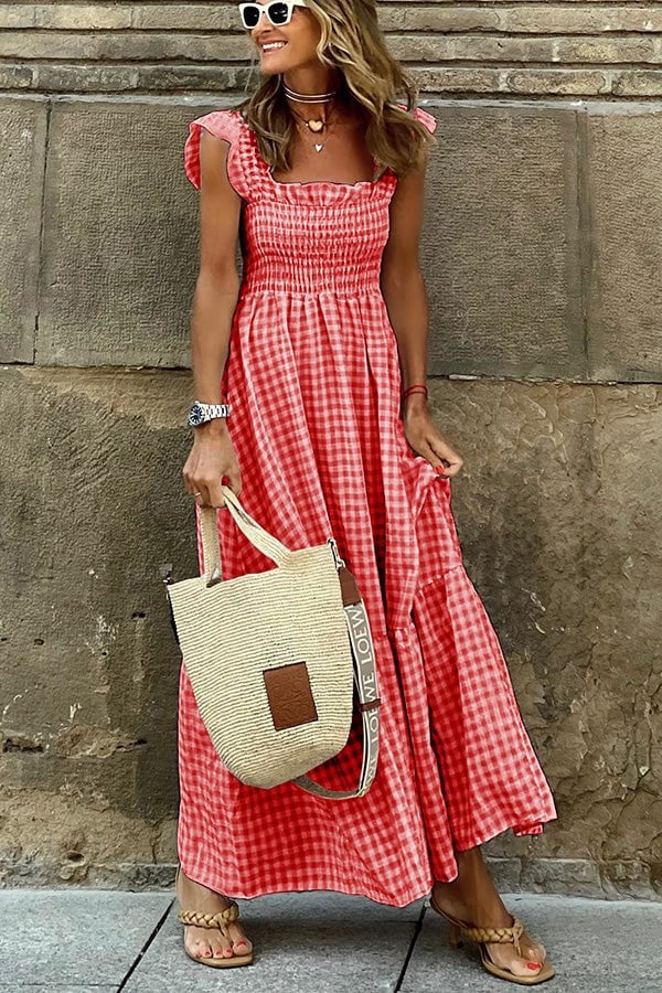 Rosie Robe Longue Femme – Élégante Robe à Carreaux pour le Travail & le Week-End