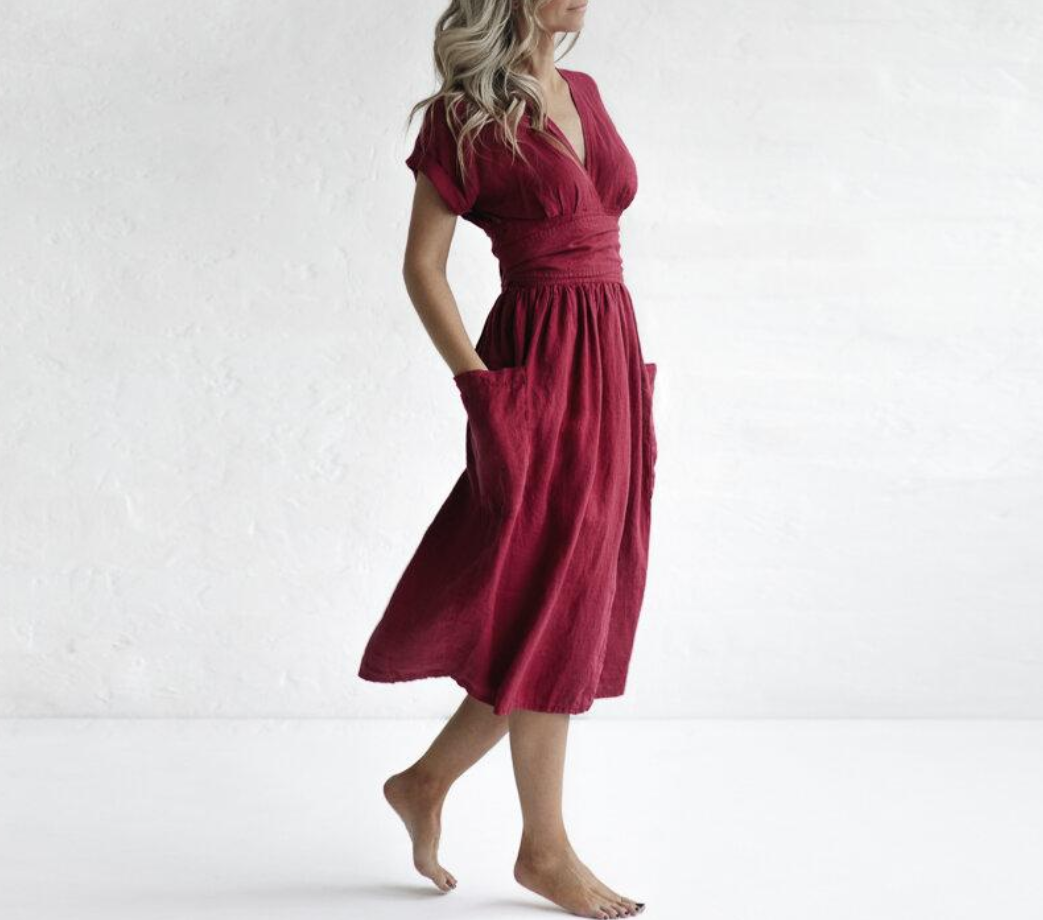 Vestido de lino para mujeres de Savannah - Vestido de billetera de manga corta con corte elegante y relajado