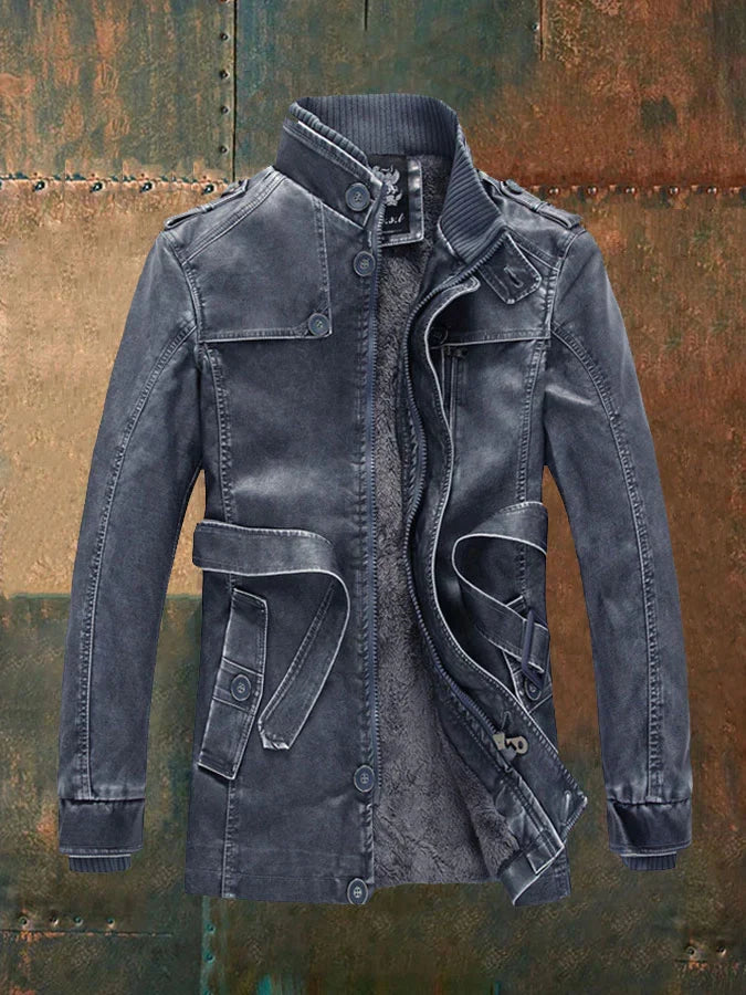 Chaqueta de cuero vintage Shon para hombre: estilo retro con forro cálido y botones clásicos.