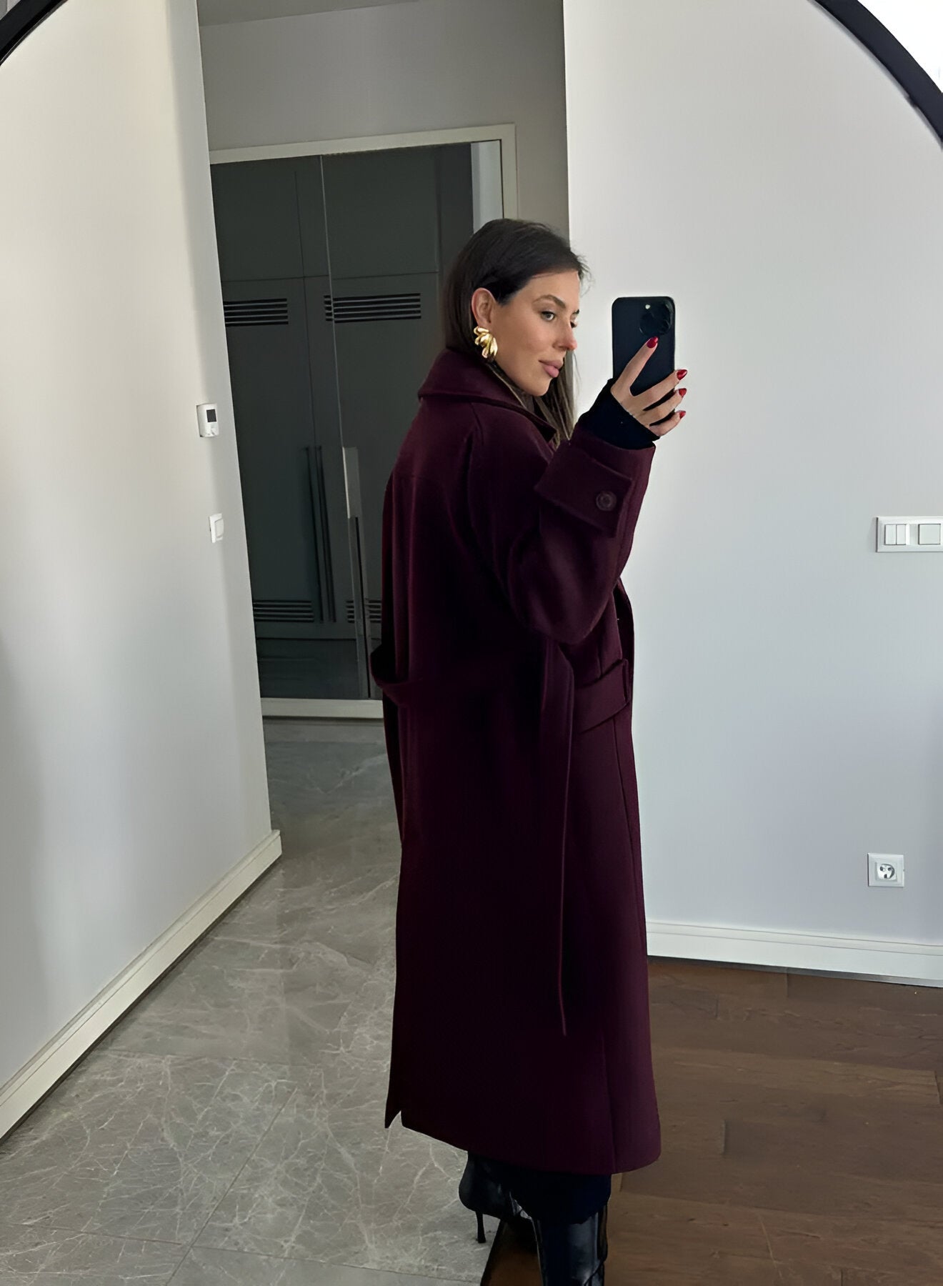 Victoria Palton Oversize pentru Femei – Palton din Lână Amestecată Burgundy Croială Elegantă