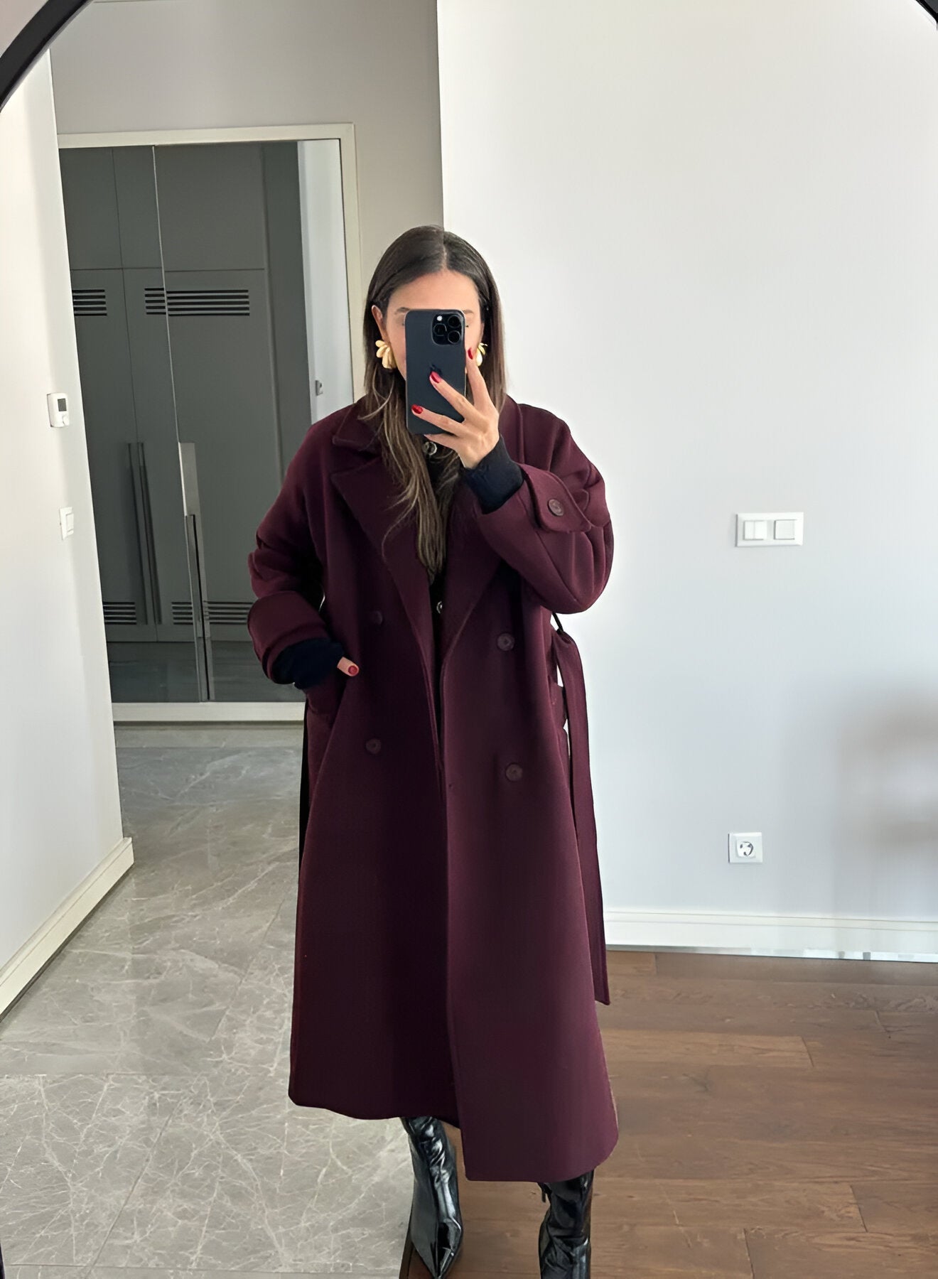 Victoria Palton Oversize pentru Femei – Palton din Lână Amestecată Burgundy Croială Elegantă