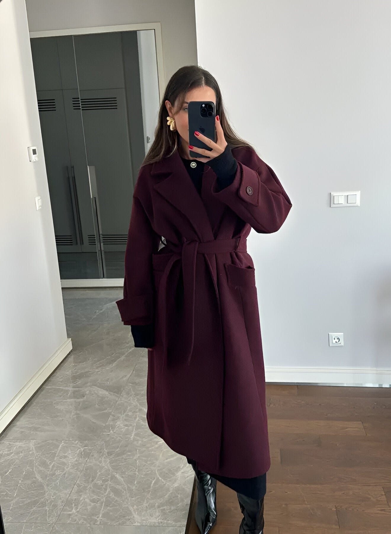 Victoria Abrigo Oversize Mujer – Abrigo de Lana Mezclada Burdeos Corte Elegante