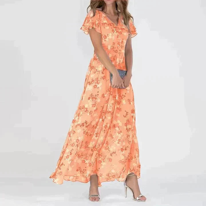 Irene Robe Maxi Femme – Col V Flatteur, Imprimé Floral Léger & Coupe Confortable