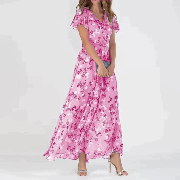 Irene Robe Maxi Femme – Col V Flatteur, Imprimé Floral Léger & Coupe Confortable