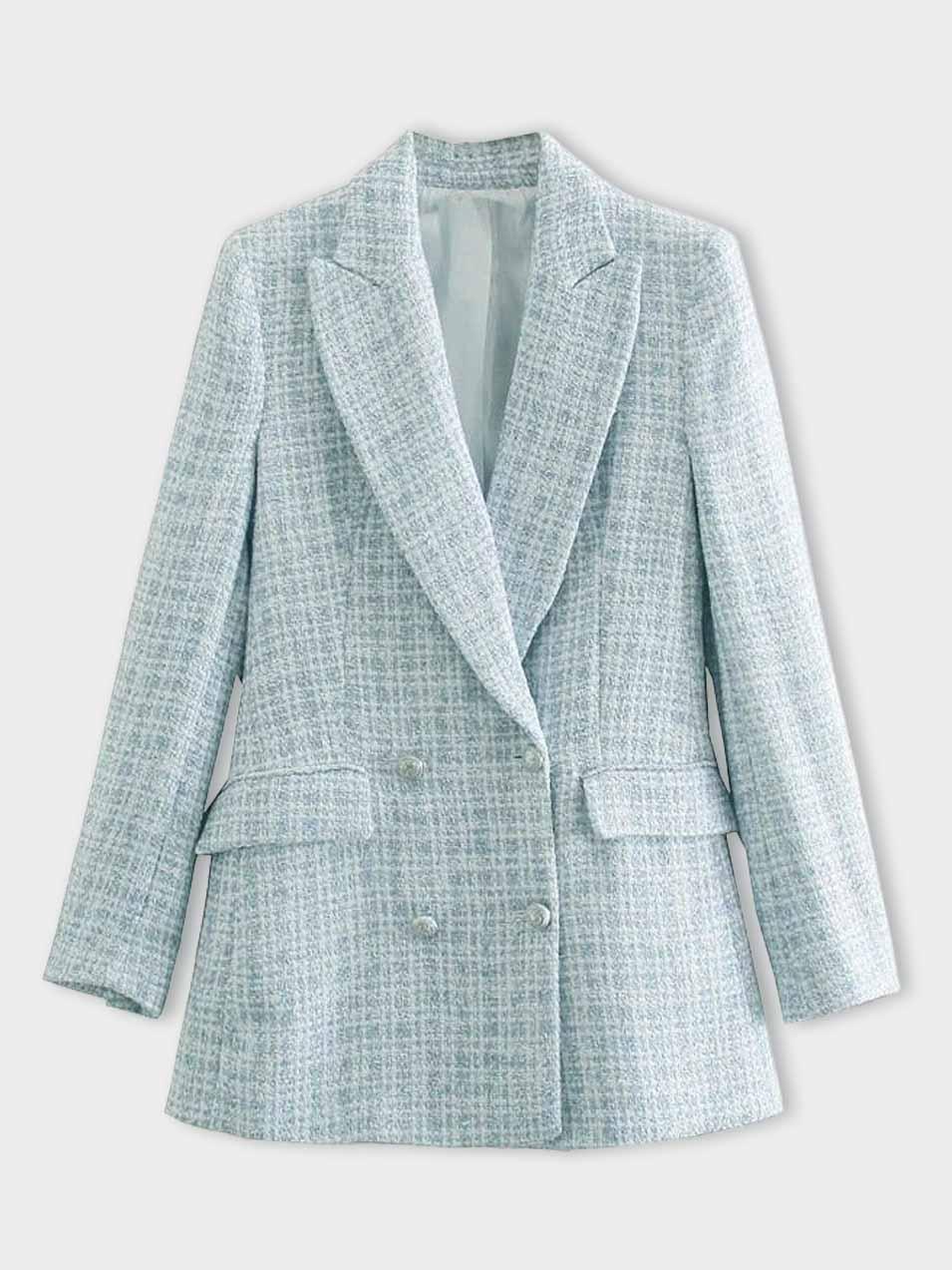 Charlotte Blazer Femme en Tweed – Veste Azul Claro Elegante con Diseño de Doble Botones