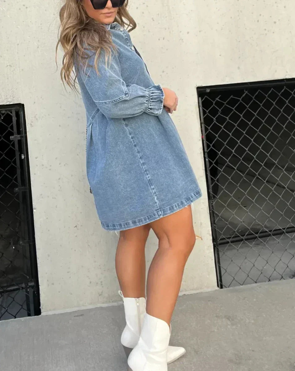 Namy Robe en Jean Femme – Robe Chemise avec Col, Manches 3/4 et Coupe Évasée