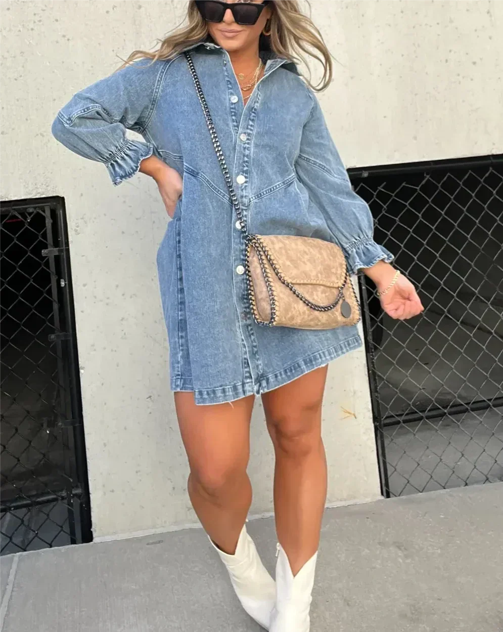 Namy Robe en Jean Femme – Robe Chemise avec Col, Manches 3/4 et Coupe Évasée