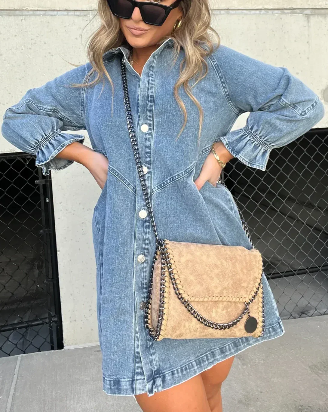 Namy Robe en Jean Femme – Robe Chemise avec Col, Manches 3/4 et Coupe Évasée