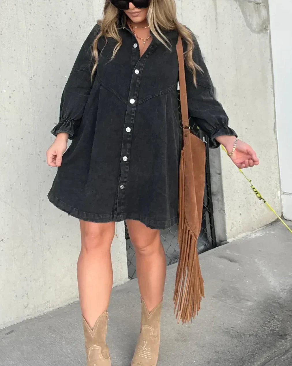 Vestido de mezclilla de Namy Woman - Vestido de camisa con cuello, 3/4 mangas y corte acampanado