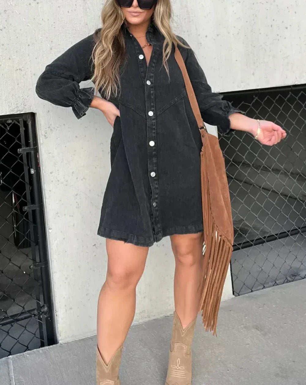 Namy Robe en Jean Femme – Robe Chemise avec Col, Manches 3/4 et Coupe Évasée