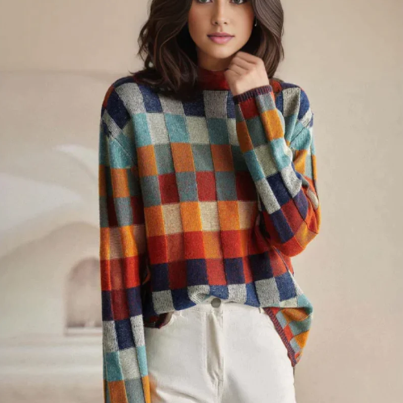 Nicole Pull Femme Luxe – Pull à Carreaux Élégant en Cachemire Doux & Raffiné
