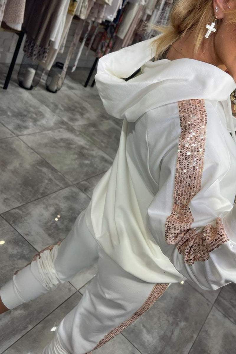 Jasmine Ensemble Loungewear Autunnale per Donna – Felpa con Cappuccio Morbida con Paillettes & Pantaloni Morbidi per Comfort Quotidiano