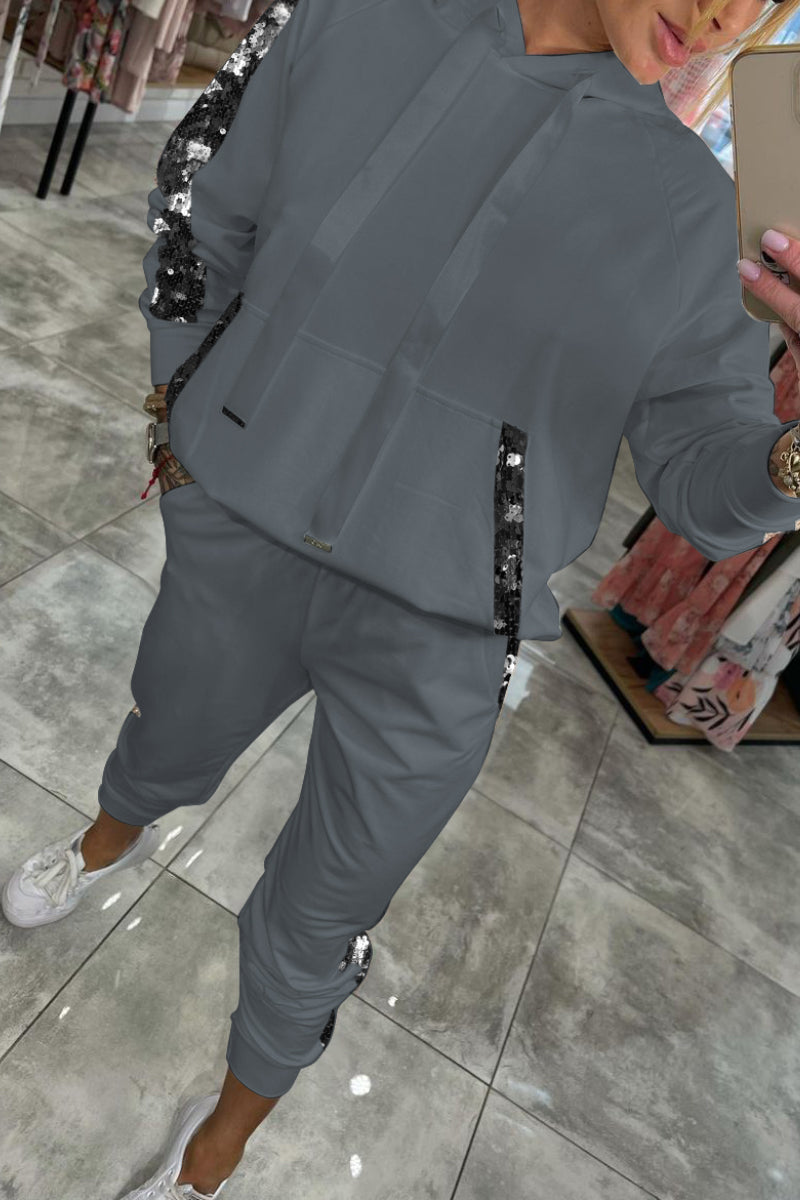 Jasmine Ensemble Loungewear Autunnale per Donna – Felpa con Cappuccio Morbida con Paillettes & Pantaloni Morbidi per Comfort Quotidiano