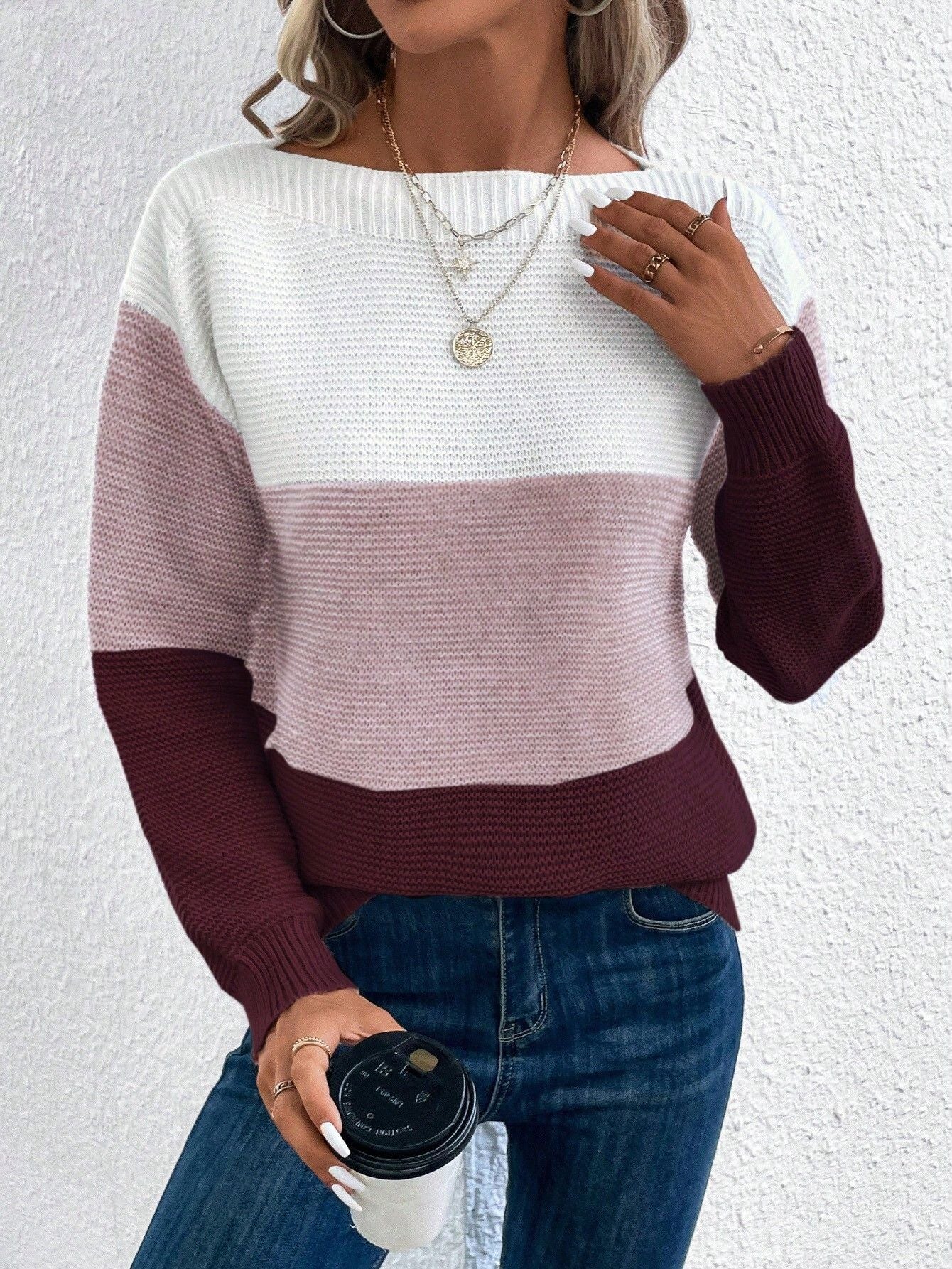 Aubree Color-Block Knit Sweater for Women – Soft Knit, Relaxed Fit with Plaid Pattern