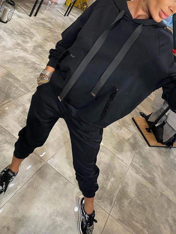 Jasmine Ensemble Loungewear Automnal pour Femme – Sweat à Capuche Douillet à Paillettes & Pantalon Souple pour Confort Quotidien