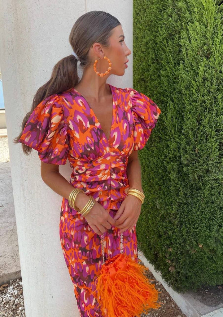 Sophie Robe Midi Imprimée – Manches Bouffantes & Coupe Cintrée Élégante