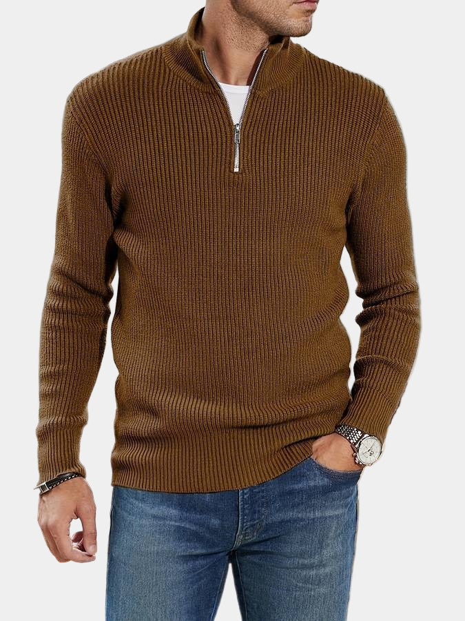 Orly Pánský Žebrovaný Svetr – Texturovaný Svetr s Polovičním Zipem, Nastavitelným Límcem a Moderním Komfortem