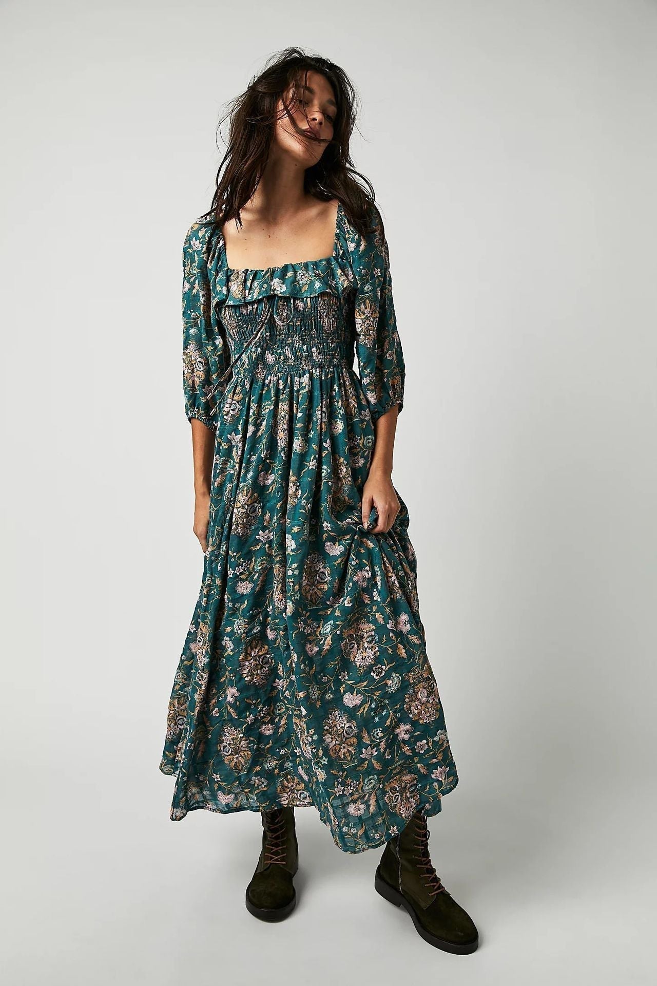 Vestido de mediodía de Quinn Women - Corte de algodón con estilo de flores bohemio y halagador