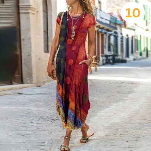 Caroline Robe Maxi Femme – Coton & Lin, Coupe Fluide et Motif Intemporel