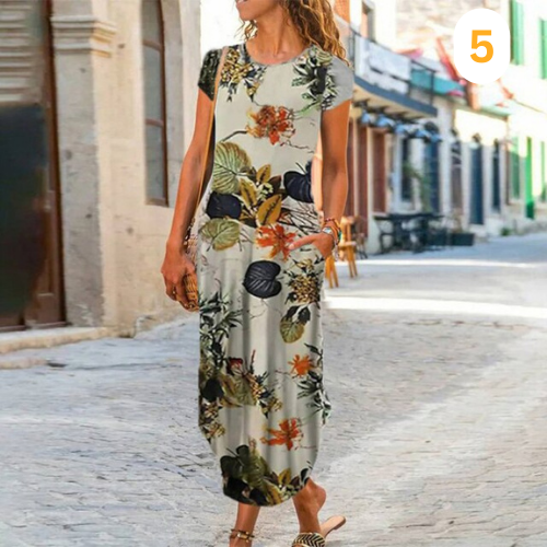 Caroline Robe Maxi Femme – Coton & Lin, Coupe Fluide et Motif Intemporel