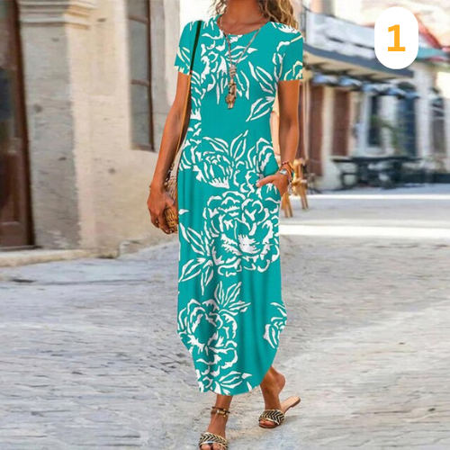 Caroline Robe Maxi Femme – Coton & Lin, Coupe Fluide et Motif Intemporel